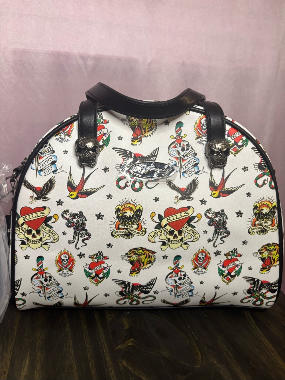 Ed Hardy White Tattoo-Print Dome Satchel(lunch tote) with Black Handles